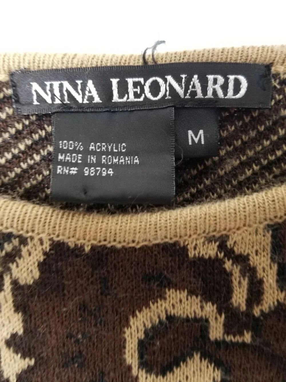 VINTAGE 90s Nina Leonard Sweater Women Medium Acrylic Brown Paisley Knit Leopard